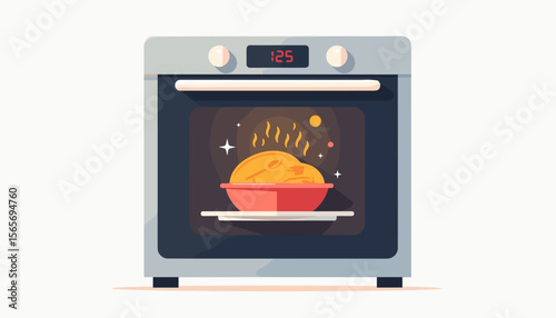 Cooking progress visual in oven with glowing AI helper, efficiency