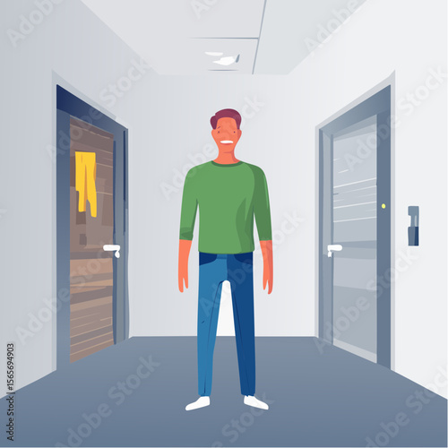 A calm vector showing a person in a quiet space, surrounded by muted tones, to represent sensory recovery. Gentle and respectful design.