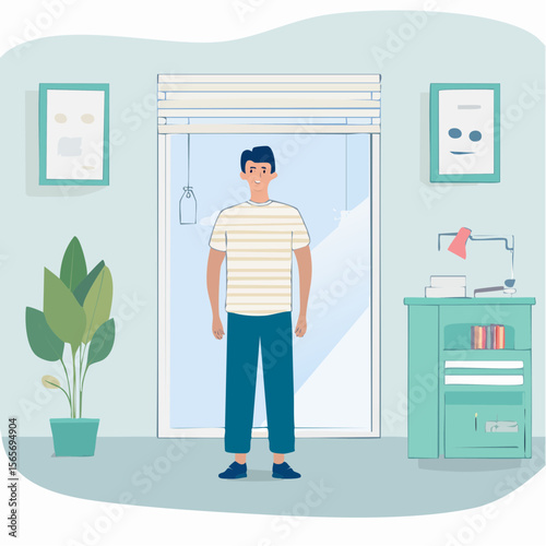 A calm vector showing a person in a quiet space, surrounded by muted tones, to represent sensory recovery. Gentle and respectful design.