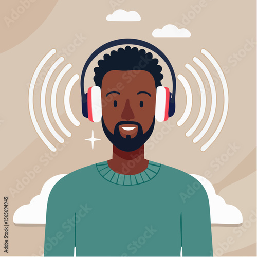 A vector of a person wearing ear defenders in a soft-lit space, symbolizing sensory sensitivity. Calm and modern for respectful awareness work.