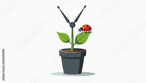 Digital ladybug on houseplant symbolizing nature's ecosystem