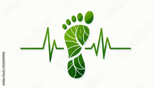 Eco-friendly footprint design with heartbeat line on white background, sustainability concept