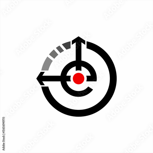 Letter E logo design with nine o'clock concept.