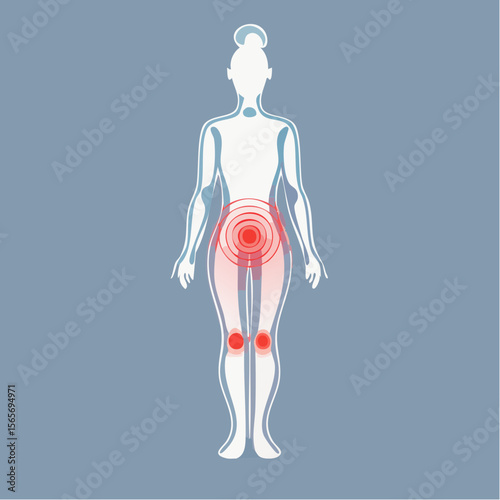 This vector gently shows glowing joints on a person to represent chronic pain. Minimalist and respectful design for health and awareness use.