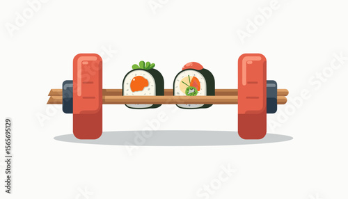 Mindful strength with sushi dumbbell on white background, health concept