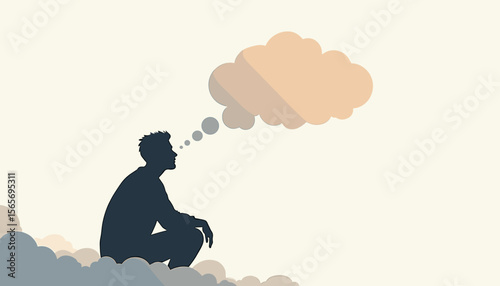 Reflective silhouette contemplating clarity through thought bubbles, mindfulness
