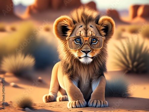 AI-generated portrait of a baby lion wearing eyeglasses. The image combines cuteness and whimsy, portraying the young lion with a charming and intelligent expression, perfect for creative projects,