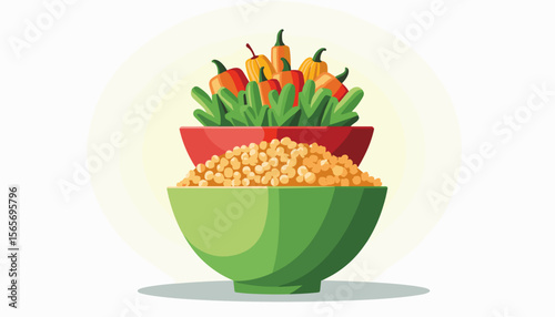 Stack of colorful bowls with balanced diet ingredients, healthy eating