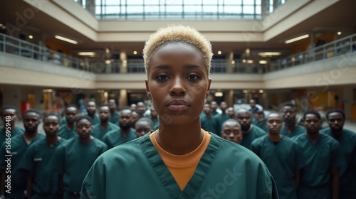 Woman inmate stares forward, prison atrium background, reform campaign