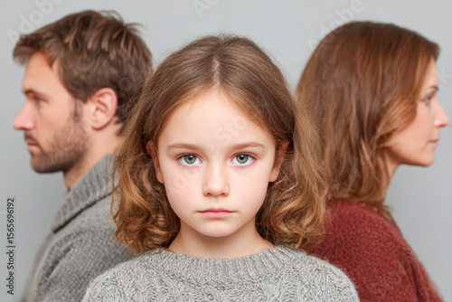 Child with serious expression between parents showing emotional distance and family tension