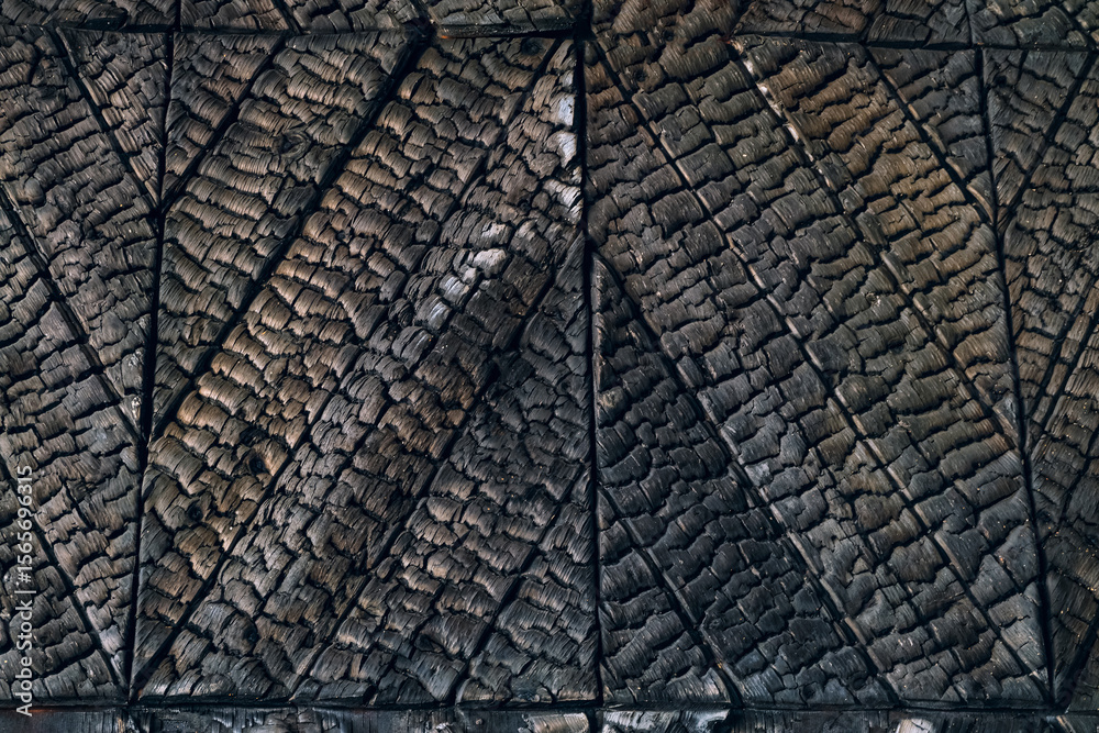 Fototapeta premium Charred wooden furniture. Decoration surface after fire.