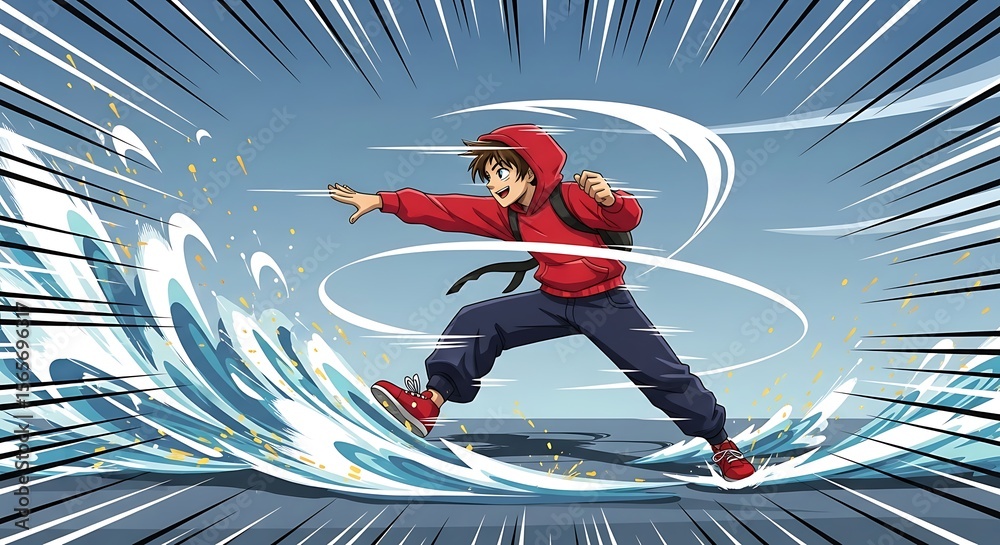 Fototapeta premium A young man in a red hoodie punches through water, creating a dynamic splash.