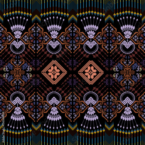 Traditional textiles, intricate Ikat-style designs, geometric and floral textile art, ethnic woven patterns, dark-hued fabrics with intricate motifs, and mystical tapestries 