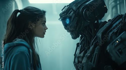 Woman faces futuristic robot, urban backdrop, film still