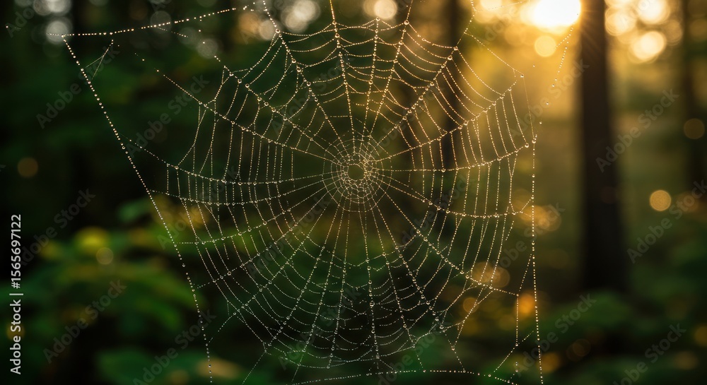Naklejka premium Spiderweb adorned with shimmering water droplets, a testament to nature's artistry with sunlight