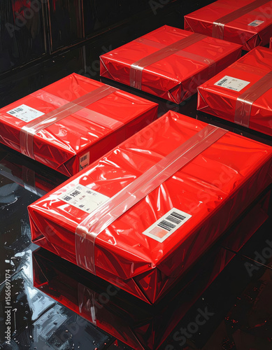 Shiny red packages wrapped in plastic on reflective surface