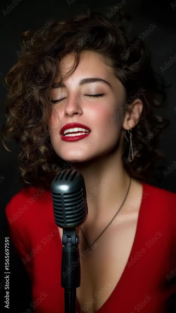 Singing into a microphone is a white woman. Singing into a microphone is a white woman.