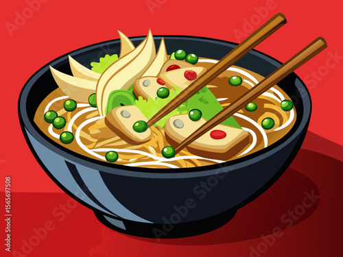 vector of A black bowl full of noodle soup, shredded chicken and green peas, with wooden chopsticks...