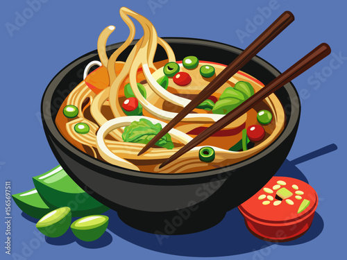 vector of A black bowl full of noodle soup, shredded chicken and green peas, with wooden chopsticks...