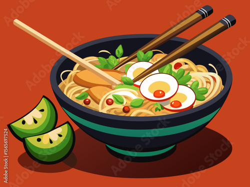 vector of A black bowl full of noodle soup, shredded chicken and green peas, with wooden chopsticks...