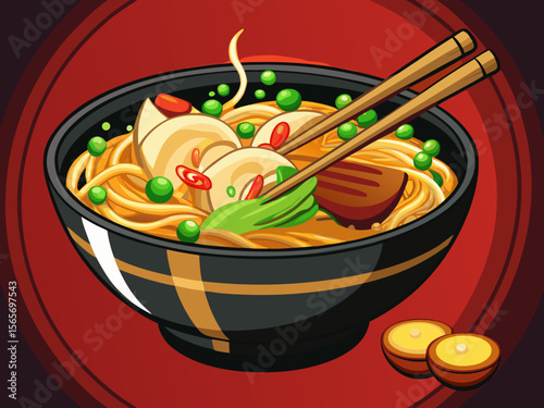 vector of A black bowl full of noodle soup, shredded chicken and green peas, with wooden chopsticks...