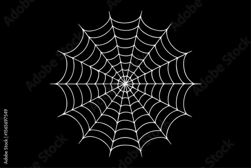 Realistic vector illustration of a spider web on a solid black background. The web is intricate and symmetrical.