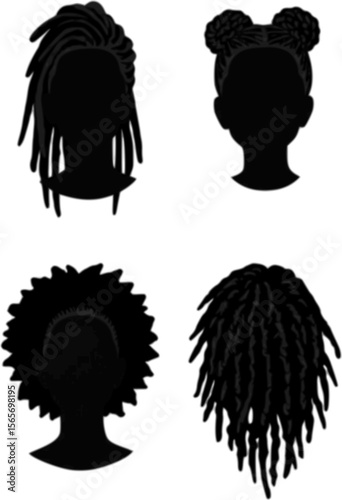 Set of silhouette afro girl. Collection of black woman face with stylized hairstyle. Vector illustration of girl head with stylized haircut.
