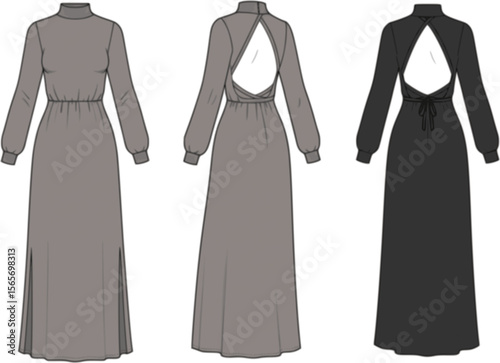 women knitted long sleeve high neck backless maxi dress flat sketch vector technical cad drawing template
