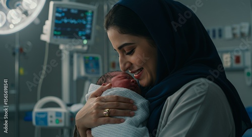 A mother's tender embrace envelops her newborn baby in a hospital room, a moment of pure joy and love captured in this heartwarming image.