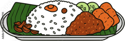 Vector  Malaysian food Nasi Lemak outlines single colour horizontal border pattern. Perfect for menu and poster design.
