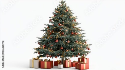 Decorated Christmas tree with gifts, studio shot, white background, holiday design
