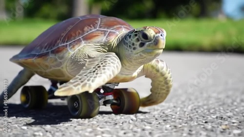 Turtle riding skateboard showing unexpected cuteness and quirky transportation
