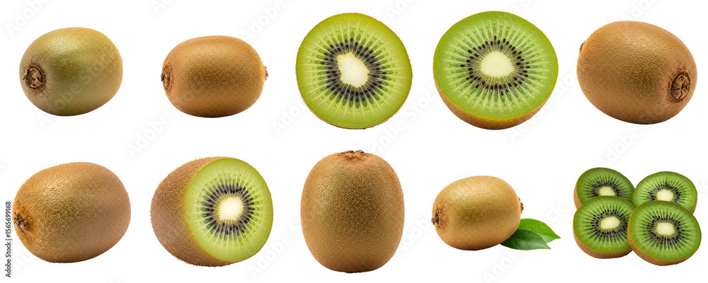 Fototapeta premium Whole and sliced kiwi fruit in various angles on white background, set 