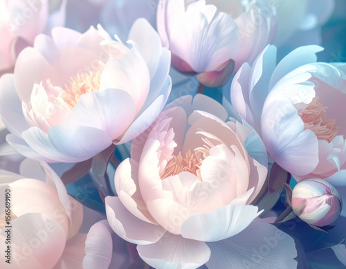 Soft pastel peonies in bloom, creating serene atmosphere