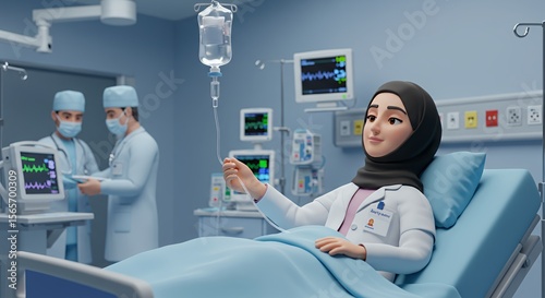 A young female doctor, wearing a hijab, rests in a hospital bed, receiving intravenous fluids, while other medical staff work nearby.