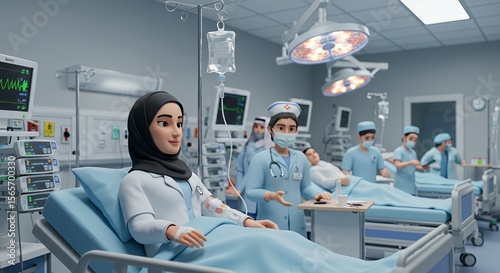 Compassionate care in a modern hospital setting, a female doctor attends to a patient in a bustling ward.