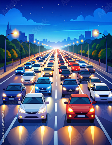 Heavy traffic on city road at night with illuminated cars