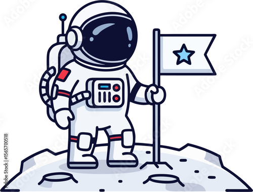 Cartoon Astronaut Holding Star Flag on Moon Surface – Cute Space Vector Illustration