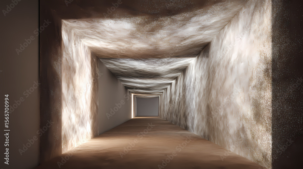 Fototapeta premium cover design for introspective journal | trace architecture of emotion | flickering nearness | resin brown under whispering white | angled corridor split | threadbare curtain pushed slightly | soft