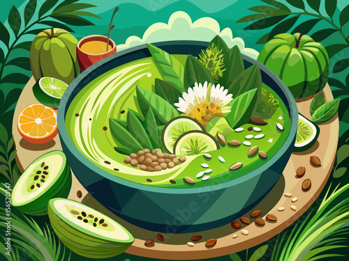 vector of A vibrant green smoothie bowl with matcha, kiwi chunks, pumpkin seeds, and shredded coconut served beautifully garnished alfresco with fresh herbs.