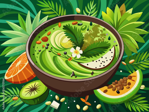 vector of A vibrant green smoothie bowl with matcha, kiwi chunks, pumpkin seeds, and shredded coconut served beautifully garnished alfresco with fresh herbs.