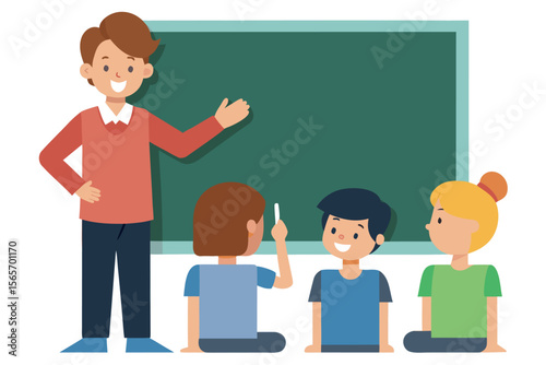 Happy teacher instructing diverse elementary school children at chalkboard; cheerful classroom scene, flat vector illustration.