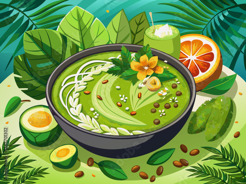 vector of A vibrant green smoothie bowl with matcha, kiwi chunks, pumpkin seeds, and shredded coconut served beautifully garnished alfresco with fresh herbs.