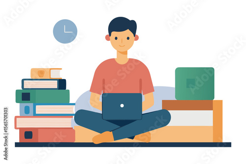 Young man studying online, laptop, books, relaxed pose, flat design, cheerful mood, home office.