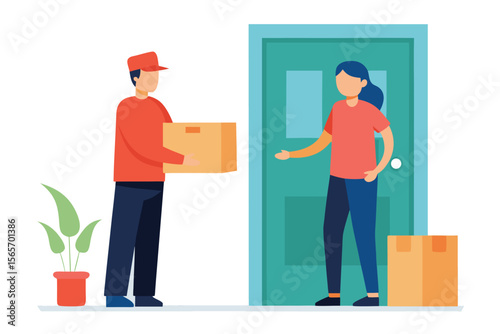 Friendly delivery person handing package to woman at teal door; flat vector illustration.
