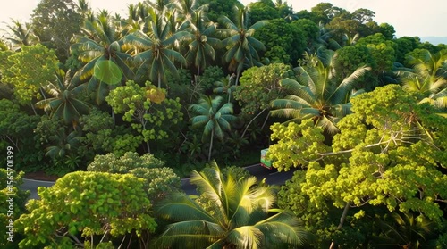 Wallpaper Mural Green truck driving on curved road through tropical forest from aerial view Torontodigital.ca