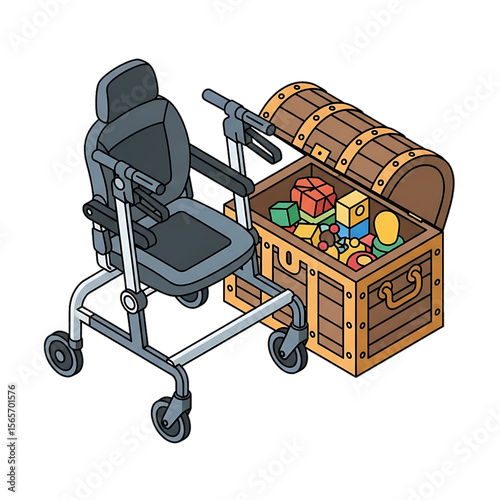 Rehabilitation walker with reward chest for motivation.