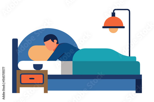 Man sleeping peacefully in bed, minimalist flat design, calming nighttime scene.