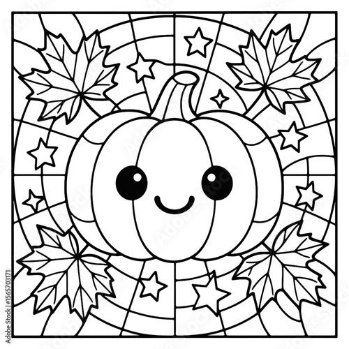 Cute Smiling Pumpkin Coloring Page with Autumn Leaves and Stars