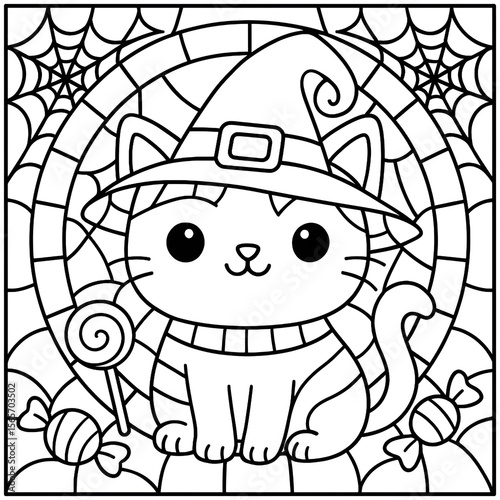 Cute Halloween Witch Cat Coloring Page with Candy and Spiderweb Background

